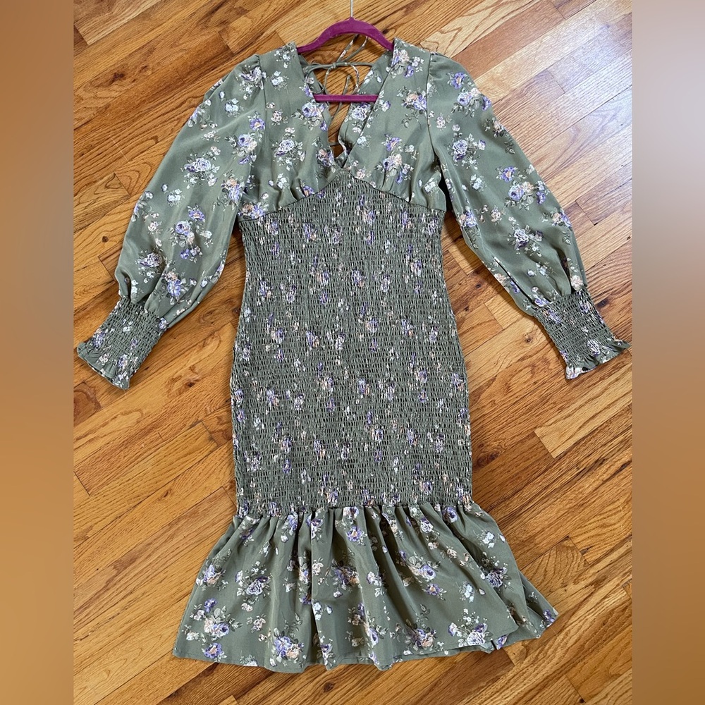 Floral Green Smocked Midi Dress